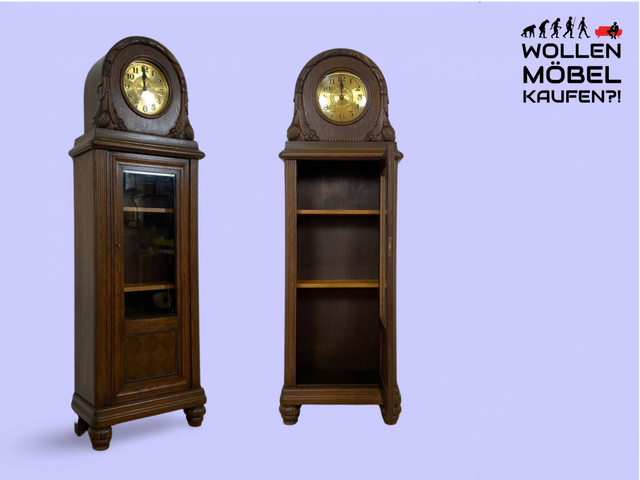 WMK # Wunderschöne antike Standuhr (defekt) aus massiver Eiche umgebaut zu einzigartiger Büchervitrine # schmale Vitrine Bücherschrank Bücheregal Uhr Regulator Dekor Gründerzeit Jugendstil Vintage