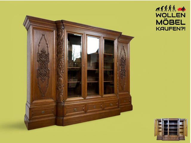 WMK # Impressive &amp; very well preserved antique bookcase made of solid oak with hand-carved wooden applications # Living room cabinet cupboard display cabinet bookcase bookshelf Wilhelminian era vintage