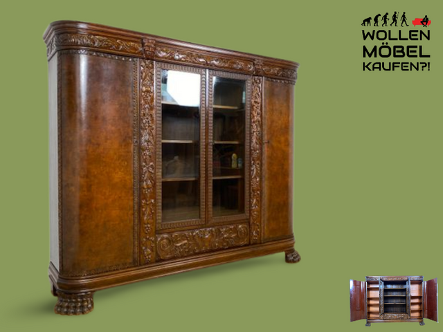 WMK I Imposanter, reichverzierter antiker Herrenschrank aus vollem Holz mit Glastüren I Schrank Vitrine Bücher Regal Highboard Gründerzeit Jugendstil Historismus Barock Vintage Berlin Dresden Bayern