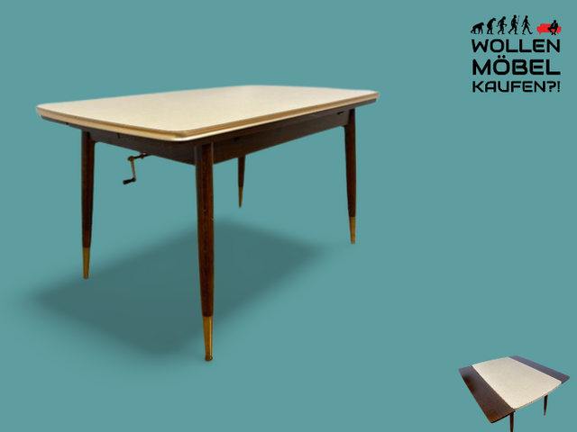 WMK I Kultiger auszieh- und höhenverstellbarer Mid-Century Multifunktionstisch mit pflegeleichter Resopal Tischplatte I Tisch Esstisch Küchentisch Ausziehtisch Dining Table Vintage Berlin Leipzig NRW