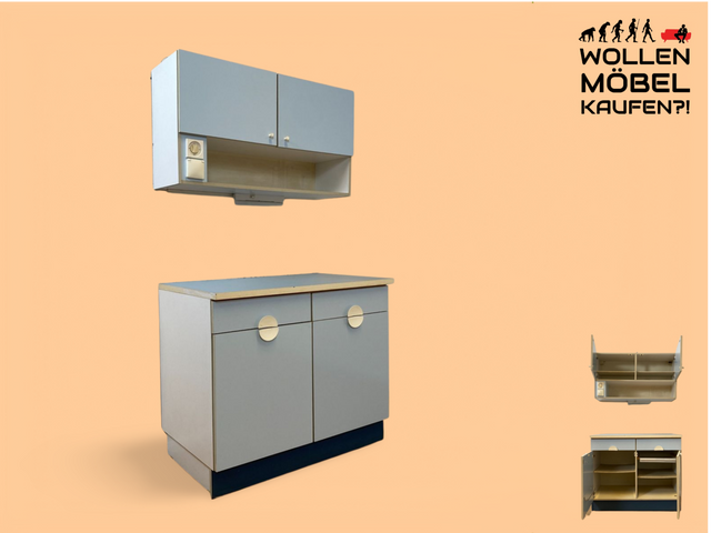 WMK # Kultige blaue Space Age Küchenzeile aus 1976 mit Hängeschrank, Schubladen, Licht & Eieruhr # Küchenbüfett kleine Küche Küchenschrank Küchenhängeschrank Küchenanrichte Kredenz Retro Vintage DDR