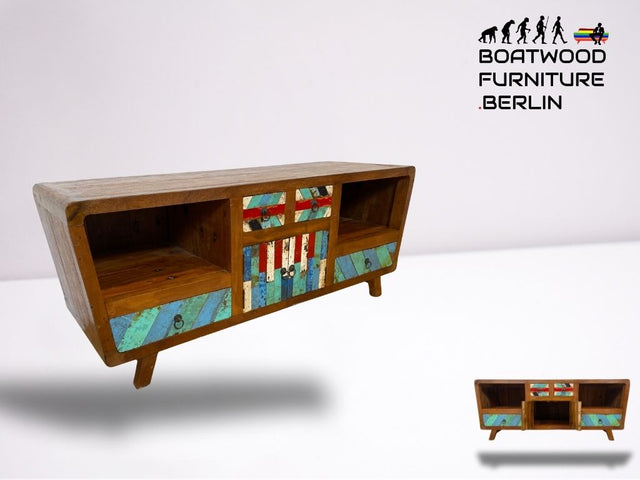 Boatwood by WMK I Formschönes nachhaltiges TV Lowboard mit Schubladen I handgefertigtes Unikat aus altem Bootsholz I Teakholz massiv I Kommode Sideboard Bank Rack Fernsehkommode Berlin Rostock Bayern