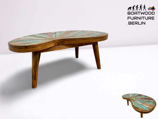 Boatwood by WMK I Einzigartiger bunter Nierentisch aus altem Bootsholz I ein handmade Unikat aus massivem Teakholz in Originalfarben I Couchtisch Wohnzimmertisch Coffee Table Berlin Hamburg Duisburg