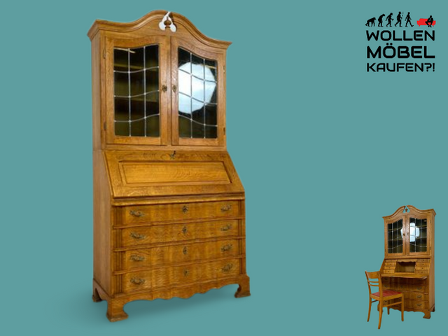 WMK I Hochwertiger dänischer Vintage Aufsatz Sekretär im Landhaus Stil aus massiver Eiche mit edlen Messingbeschlägen I Schreibschrank Schreibtisch Schrank Vitrine Bücher Möbel Barock Dresden Kiel Ulm