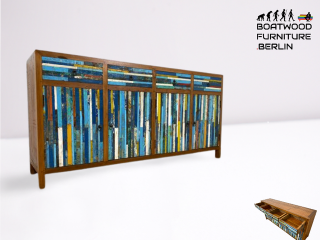 Boatwood by WMK I Bunterschönes und detailreiches Sideboard mit Schubladen , ein aus altem Bootsholz handgefertigtes Unikat aus massivem Teakholz # Kommode Schrank Anrichte Flur Wäsche Bootsmöbel