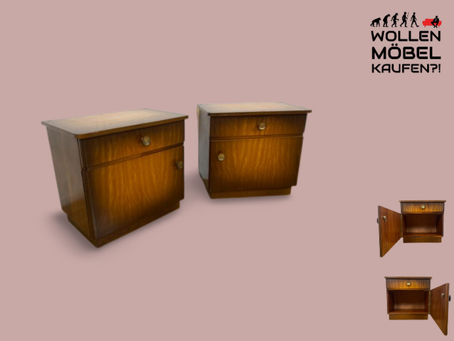 WMK I 1/2 Formschöner dunkler Mid-Century Nachttisch aus vollem Holz mit Schublade & Messinggriffen I Kommode Schrank Schränkchen Nacht Night Stand Beistelltisch Vintage 50er 60er Berlin Ulm Stuttgart