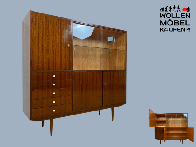 WMK I Sehr schöner dunkler Mid-Century Wohnzimmerschrank aus 1967 in Mahagoni mit Vitrine und Schubladen I Schrank Highboard Anrichte Sideboard Vintage 70er 60er DDR Berlin Leipzig Düsseldorf Bremen