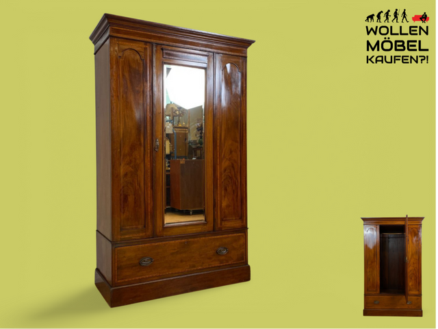 WMK # Eleganter und gut erhaltener englischer antiker Kleiderschrank aus vollem Holz mit Spiegeltür und Schublade # Schrank Vertiko Schlafzimmerschrank Flurschrank Wardrobe Spiegel Jugendstil Vintage