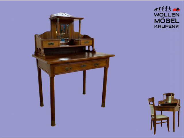 WMK # Wunderschöner & sehr filigraner antiker Schreibtisch mit Spiegel Aufsatz und ausziehbarer Schreibplatte, um 1910 # Sekretär Frisiertisch Schminktisch Frisierkommode Lady Desk Jugendstil Vintage