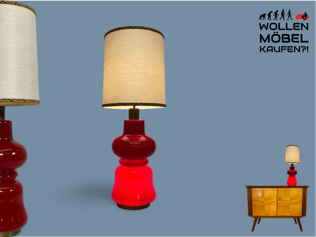 WMK # Seltene & gut erhaltene große Space Age Bodenlampe mit beleuchtetem Lampenfuß aus rotem Glas & orig. Lampenschirm # Tischlampe Bodenleuchte Stehlampe Designer Lampe Lamp 70er Lava Retro Vintage