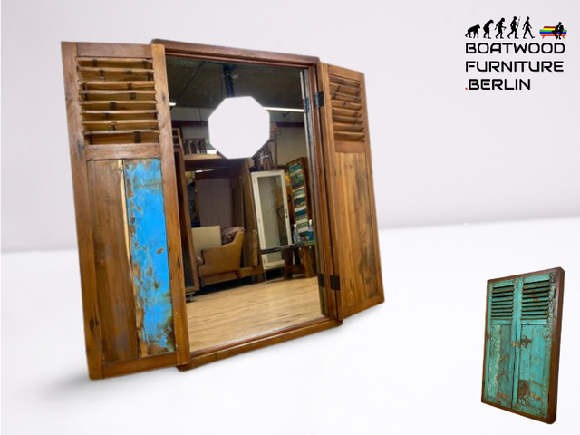 Boatwood by WMK I Einzigartiger großer Wandspiegel aus altem Bootsholz mit Fensterläden in Grün I handgefertigtes Unikat I Teakholz massiv I Ganzkörper Spiegel Stand Mirror Flur Tür Garderobe Lamellen