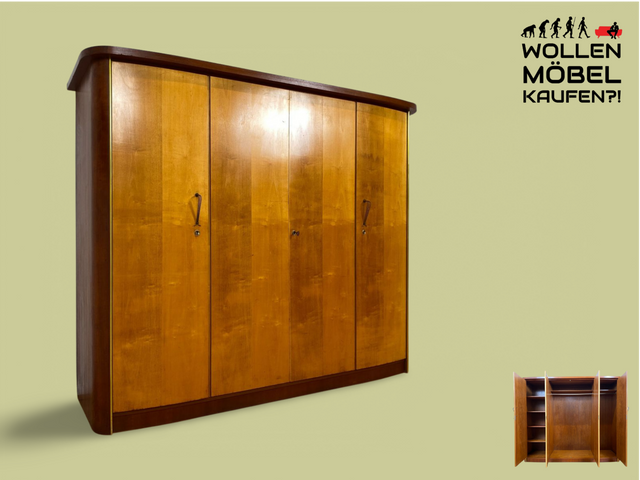 WMK # Formschöner und gut erhaltener großer Mid-Century Kleiderschrank mit sehr guter Aufteilung und Originalgriffen aus Messing # Schrank Schlafzimmerschrank Wäscheschrank Wardrobe Rockabilly Vintage