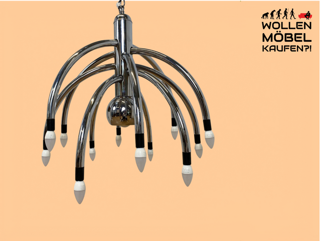 WMK # Stilvoller & gut erhaltener großer italienischer Space Age Designer Kronleuchter von Goffredo Reggiani aus Chrom, 13-flammig # Lampe Pendelleuchte Hängelampe Deckenlampe Luster Lamp Vintage 70er