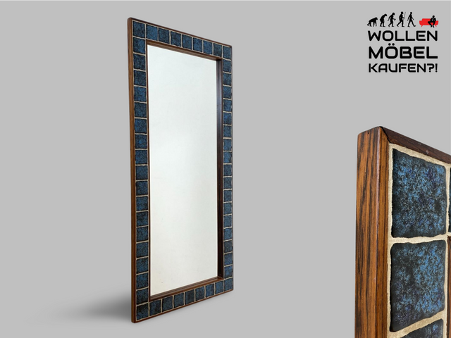 WMK I Stilvoller großer skandinavischer Wandspiegel mit kunstvollen Fliesen Mosaik in Palisander Rahmen, Dänemark, 70er Jahre I Spiegel Mirror Garderobe Flur Bad Retro Space Age Danish Design Rosewood