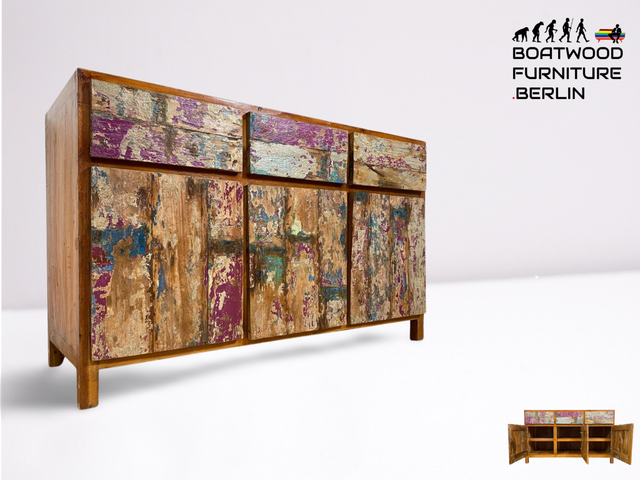 Boatwood by WMK I Einzigartiges großes Sideboard mit Schubladen I handmade Unikat aus altem Bootsholz I Teakholz massiv I Kommode Schrank Anrichte Wäschekommode Schubladenkommode Berlin Dresden Dessau