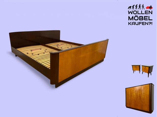 WMK # Formschönes und gut erhaltenes großes Mid-Century Doppelbett mit hochwertigen Lattenrosten für zwei Matratzen 100x200 # Bett Schlafzimmerbett Bed Schlafzimmer Vintage 50er 60er DDR Rockabilly