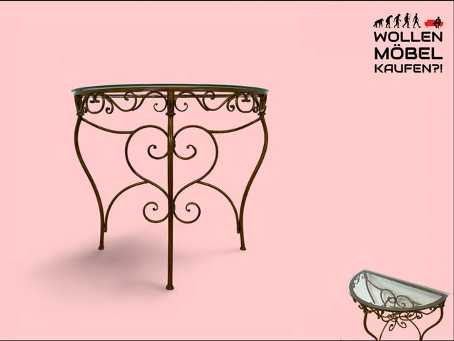 WMK # Einzelstück! Elegante und gut erhaltener handgefertigte Konsole aus kunstvollem Metallgestell in gold mit Glasauflage # Tischkonsole Metallkonsole Ablage Tisch Beistelltisch Flurkommode Vintage