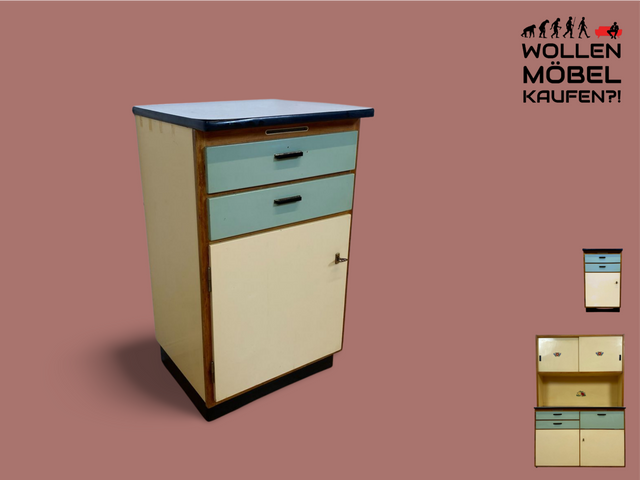 WMK I Kultige helle 70er Jahre Küchenkommode in Originalfarbe mit Schubladen und Resopal Oberfläche I Küchenschrank Küche Kommode Kredenz Space Age Mid-Century Retro Vintage 60er Berlin Köln Bielefeld