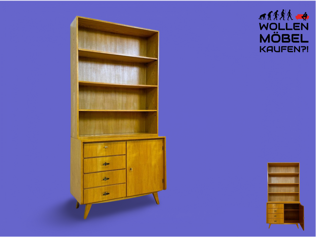 WMK # Hochwertiger & gut erhaltener heller Mid-Century Bücherschrank von Musterring aus vollem Holz mit Schubladen & Messinggriffen # Bücherregal Regal Kommode Sideboard Wohnzimmerschrank 60er Vintage