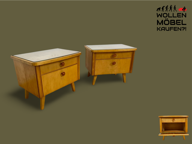 WMK I 1/2 Formschöner heller Mid-Century Nachtisch mit Schublade, Klappe & Glasauflage I Nachtschrank Nachtkommode Nachtschränkchen Kommode Beistelltisch 50er 60er Retro Vintage Berlin Bremen Saarland