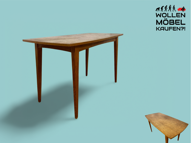 WMK # Formschöner und gut erhaltener heller Mid-Century Salontisch aus Eichenholz mit zeittypischen konischen Tischbeinen # Tisch Couchtisch Esstisch Küchentisch Holztisch Vintage Retro 50er 60er