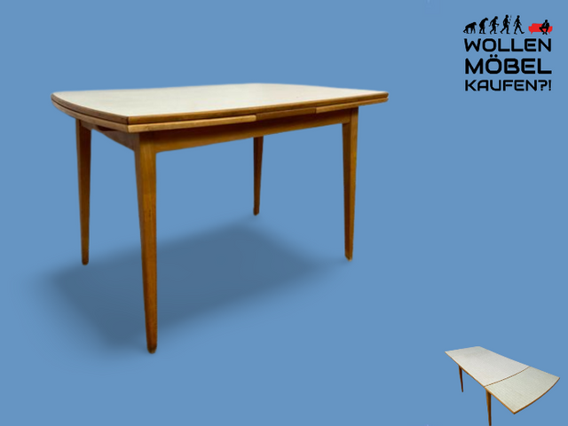 WMK I Klassischer heller ausziehbarer Mid-Century Küchentisch mit pflegeleichter Resopal Tischplatte und konischen Tisch Beinen I Esstisch Esszimmer Dining Table Holz Vintage 60er Berlin Köln Kassel