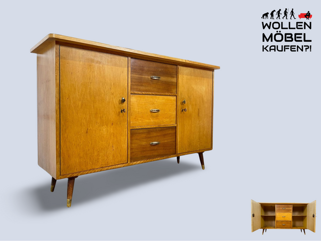 WMK I Schönes helles Mid-Century Sideboard aus vollem Holz mit Schubladen & Messingbeschlägen I Kommode Flurkommode Garderobe Schuhschrank Schuhkommode Cabinet TV 50er 60er Vintage Berlin Leipzig Köln