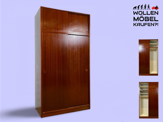 WMK I Hochwertiger hoher skandinavischer Kleiderschrank in Mahagoni mit Aufsatz und Schiebetüren I Schrank Wardrobe Schlafzimmer Wäsche Danish Design Mid-Century Vintage Berlin Düsseldorf München Jena