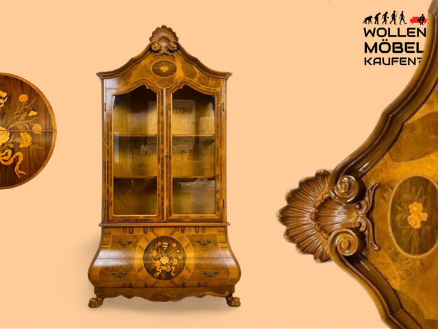 WMK # Vornehme und sehr gut erhaltene italienische Stilmöbel Vitrine von Tarocco Sergio im Rokoko Stil mit feinen Intarsien und Messingbeschlägen # Geschirrschrank Schrank Highboard Biedermeier Barock