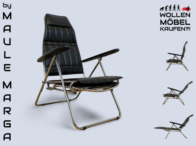 WMK I Hochwertiger italienischer 70er Jahre Designer Klappstuhl von Maule Marga in schwarzem Skai auf Chrom I Klappsessel Sessel Stuhl Liege Relax Sonnenliege Sun Chair Kunst Leder Space Age Vintage