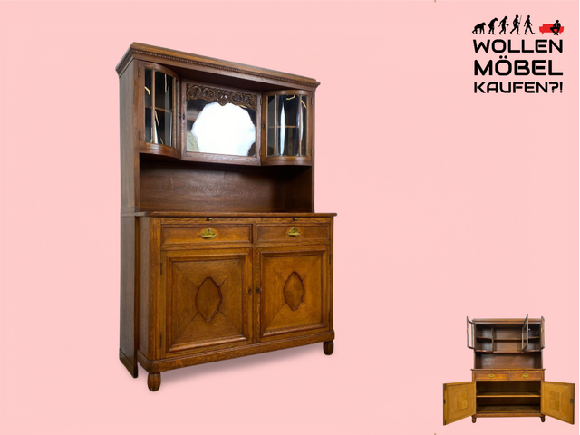 WMK # Wunderschöne kleine antike Anrichte aus Eiche mit Messingbeschlägen und Holzapplikationen, um 1910 # Küchenanrichte Kredenz Buffet Büfett Geschirrschrank Vitrine Küche Schrank Jugendstil Vintage