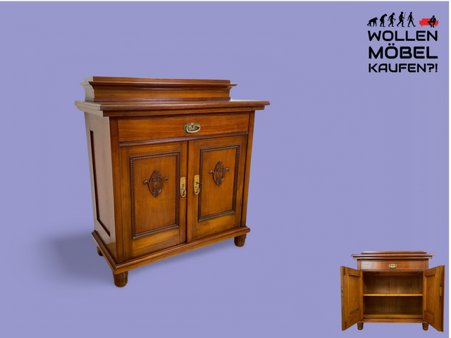 WMK # Wunderschöne und gut erhaltene kleine antike Anrichte aus Nussbaum mit Schublade, Ausziehplatte & Messingbeschlägen, um 1910 # Kommode Schrank Flurkommode Buffet Büfett Theke Jugendstil Vintage
