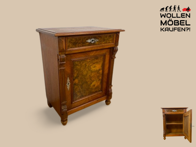 WMK I Vornehme kleine antike Kommode aus vollem Holz in Nussbaumwurzel mit Schublade , um 1880 I Schrank Schränkchen Ablage Flur Wäsche Vertiko Gründerzeit Historismus Vintage Berlin München Dresden
