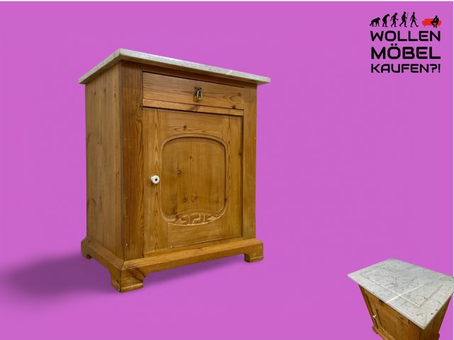 WMK Hübsche kleine dänische antike Kommode aus vollem Holz mit Marmor Auflage, Schublade und Messinggriffen # Marmorkommode Flurkommode Waschtisch Ablage Wickelkommode Weichholz Jugendstil Vintage