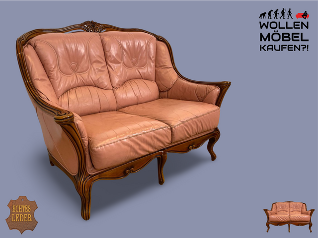 WMK I Elegantes und sehr gemütliches kleiner Stilmöbel Sofa im Barock Stil mit seltenem Altrosa Echtleder Bezug I Couch Sofa 2-Sitzer 2er Leder Leather Rokoko Chippendale Vintage Berlin Dresden Bayern