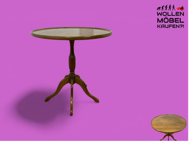 WMK # Eleganter und sehr gut erhaltener kleiner runder 60er Jahre Beistelltisch aus Nussbaum mit hübschem Mittelfuß # Tisch Couchtisch Ablage Blumentisch Salontisch Chippendale Stilmöbel Vintage