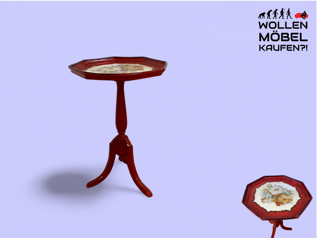 WMK # Wunderschöner und gut erhaltener kleiner runder skandinavischer Stilmöbel Beistelltisch in Rot mit floralem Bild handbemalt # Tischchen Couchtisch Ablage Blumentisch Blumensäule Vintage 60er