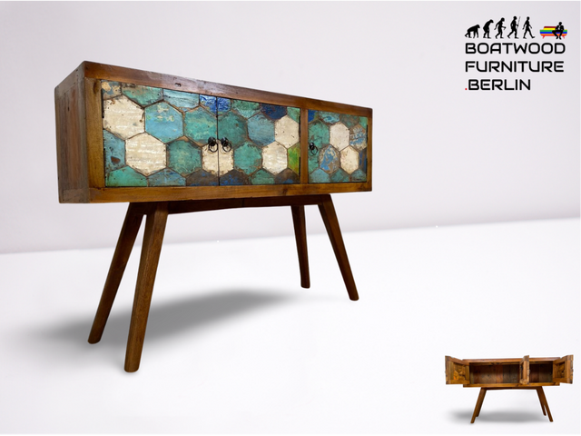 Boatwood by WMK # Detailreiche und nachhaltige Kommode aus altem Bootsholz, ein handgefertigtes Unikat aus massivem Teakholz # Sideboard Flurkommode Schrank Anrichte Konsole TV Bank Bootsmöbel Teak