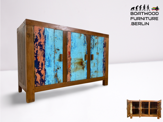 Boatwood by WMK I Einzigartiges & nachhaltiges Sideboard in Meeresblau I handmade Unikat aus altem Bootsholz I Teakholz massiv I Kommode Schrank Anrichte Wäschekommode Bootsmöbel Berlin Usedom München
