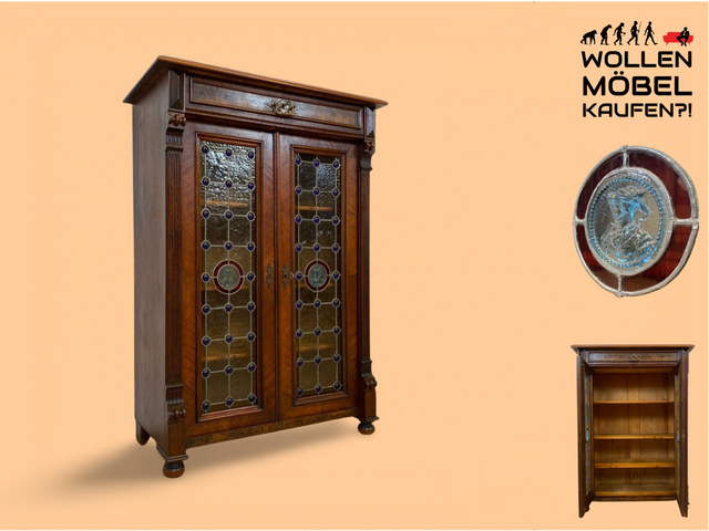 WMK # Sehr seltenes nordisches antikes Vertiko mit kunstvollen Bleiglas Fenstern, Vollholz, um 1890 # Schrank  Bücherschrank Büchervitrine Vitrine Wäscheschrank Kommode Gründerzeit Jugendstil Vintage