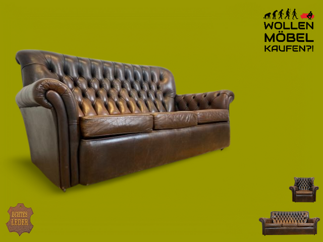 WMK I Charaktervolles original Englisches Chesterfield Sofa mit handgeknöpftem gestepptem Echt Leder Bezug und perfekter Patina I Sofa Couch Ledersofa Ledercouch 3-Sitzer Sitzgarnitur Leather Vintage