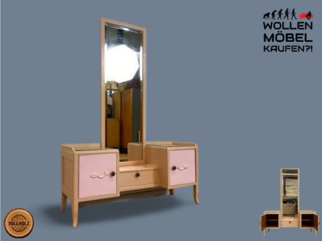 WMK I Sehr hübsche, rosa lackierte, Art Deco Frisierkommode aus vollem Holz mit großem Spiegel und Schublade I Spiegel Kommode Schmink Tisch Kommode Wäsche Ganzkörper Antik Vintage Berlin Leipzig NRW