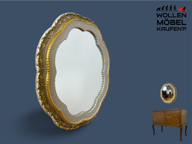 WMK I Besonders schöner runder 60er Jahre Spiegel im antiken Stil mit floralem gold-weißem Rahmen I Spiegel Garderobe Flur Bad Gilded Mirror Barock Rokoko Shabby Chic Hollywood Regency Vintage Berlin