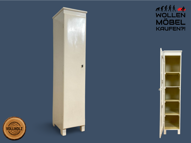 WMK I Formschöner schmaler weißer 30er Jahre Art Deco Hochschrank aus vollem Holz I Schrank Küchenschrank Wäscheschrank Schuhschrank Medizinschrank Kommode Jugendstil Antik Vintage Berlin Hamburg Köln
