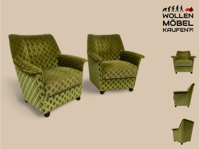 WMK I 1/2 Formschöner & sehr gemütlicher 70er Jahre Sessel auf Rollen mit samtartigem grünem Originalbezug I Cocktailsessel Armchair Lesesessel Stuhl Vintage Retro Berlin Heidelberg Hannover Würzburg