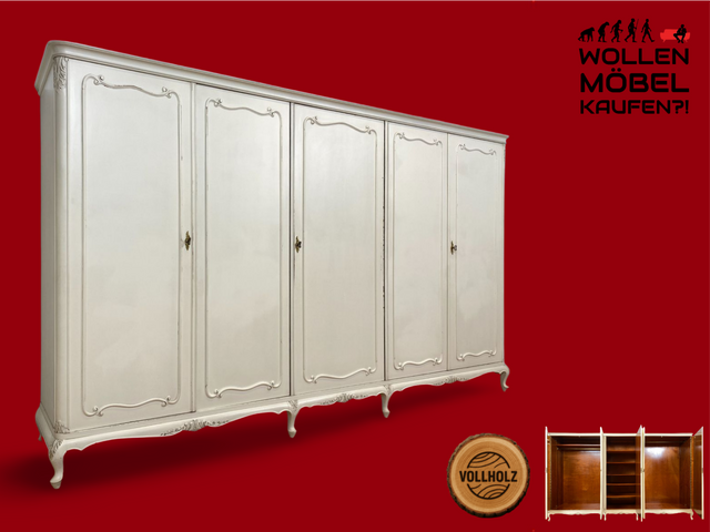 WMK I Raumaufhellender, großer weißer Chippendale Kleiderschrank aus vollem Holz I Schrank Schlafzimmerschrank Wäscheschrank Wardrobe Vintage 60er 70er Köln Heidelberg München Hamburg