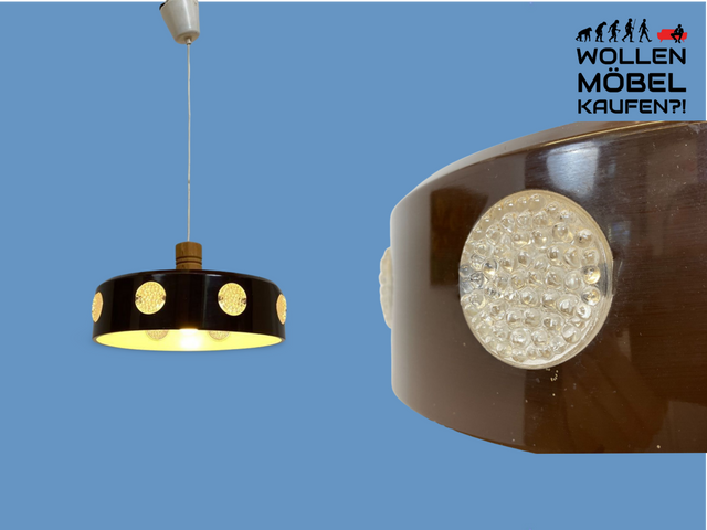 WMK # Sehr coole skandinavische 70er Jahre Space Age Deckenlampe mit braunem Metallschirm & gelblich leuchtenden Glaseinsätzen # Pendelleuchte Deckenleuchte Hängelampe Lampe Küchenlampe Retro Vintage
