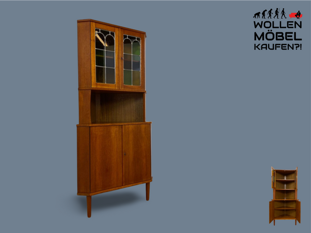 WMK Wunderschöne skandinavische Mid-Century Eckvitrine in Teakholz mit bunten Bleigläsern I Eckschrank Eckkommode Highboard Vitrine Bücherschrank Büchervitrine Teak Danish Design Vintage Berlin Bremen