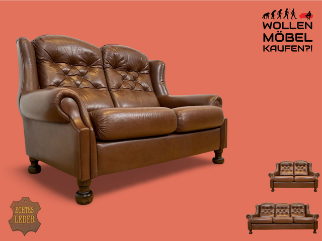 WMK I Formschönes & gemütliches skandinavische Vintage 2er Sofa mit weichem braunem gestepptem Echtlederbezug I 2-Sitzer Ledersofa Ledercouch Couch Sitzgarnitur Ledergarnitur Leder Berlin Dresden Bonn