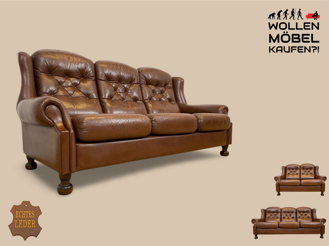 WMK I Formschönes & gemütliches skandinavische Vintage 3er Sofa mit weichem braunem gestepptem Echtlederbezug I 3-Sitzer Ledersofa Ledercouch Couch Sitzgarnitur Ledergarnitur Leder Berlin Köln München